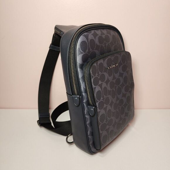 COACH CU547 Men’s Ethan Pack Signature Denim Coated Canvas & Smooth Leather Navy - Picture 4 of 7